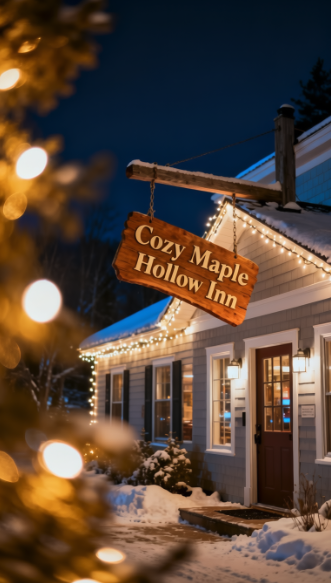 Cozy Maple Hollow Inn — signage, snow-dusted pines, string lights