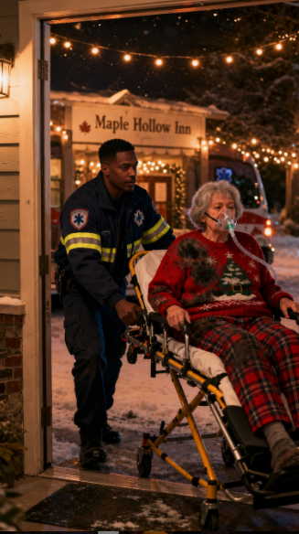 The hand-off — gurney under the wreath, breath in the cold