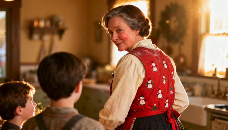 Aunt Jenny in the kitchen — memory light, boys at her side