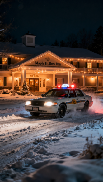 Christmas Eve arrival — flashing red & blue, snow on the porch