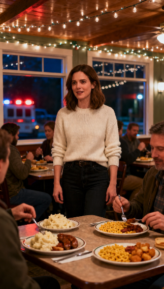 Dinner service inside — plaid, plates, mac & cheese, laughter