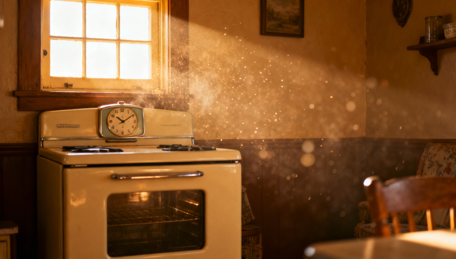 Empty kitchen, alive with dust motes — the Inn breathing on its own