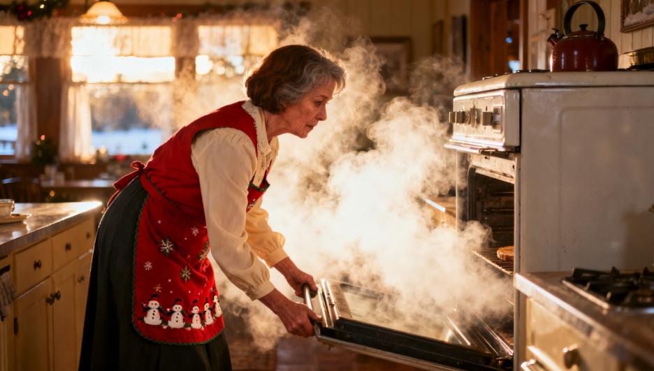 Aunt Jenny at the oven — snowman apron, steam and morning light