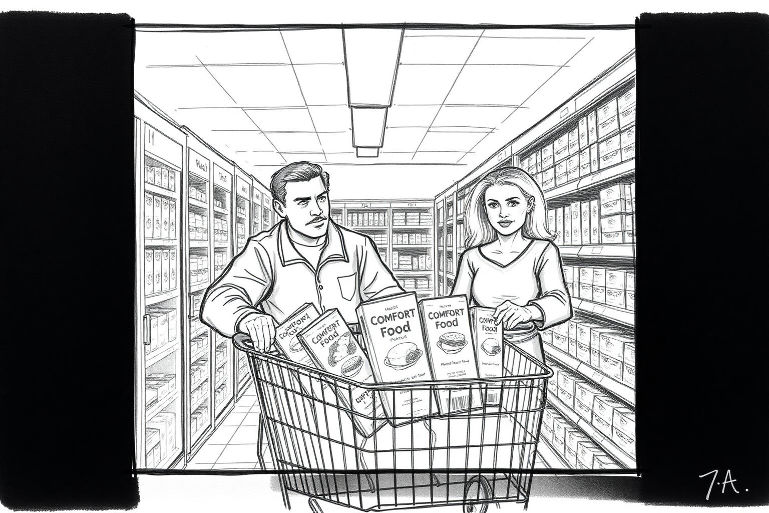 Storyboard panel 7A — EP 5 · INT. WALMART — FROZEN FOOD AISLE